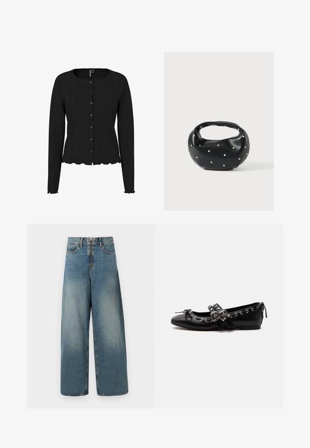 Sort langærmet cardigan med ribbet tekstur, rund halsudskæring og bølget kant. Har knaplukning foran og diskret detaljering.; Vidde ben denim jeans i en lys blå vask. Har en lynlås med knaplukning og subtil falming for et brugt look.; Sort flad balletsko med dobbelt spænde, sølvøjer og en lille sløjfe nær den runde tå på en hvid baggrund.; Sort læderhåndtaske med en rundet form, dekoreret med sølvnitter, og et kort håndtag. Glat tekstur og lynlåslukning.