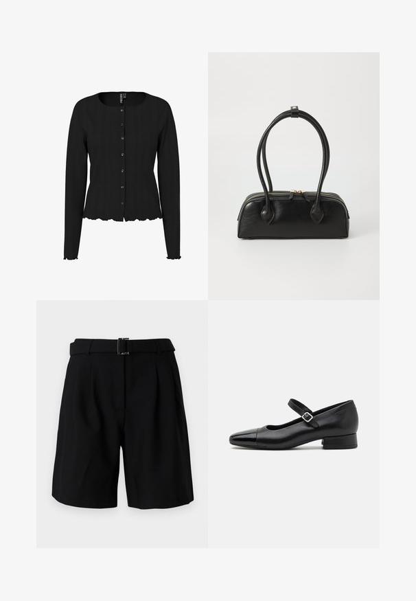 Sort langærmet cardigan med ribbet tekstur, rund halsudskæring og bølget kant. Har knaplukning foran og diskret detaljering.; Sorte skræddersyede shorts med en glat tekstur, der har en bred talje og en metal spænde detalje. Struktureret design og plisseret front.; Sorte læder Mary Jane-sko med en patenttå, justerbar ankelrem og lav blokhæl. Glat tekstur og strømlinet design.; Sort læder håndtaske med to langstrakte håndtag, lynlåslukning og afrundet form; glat tekstur med en subtil blank finish.