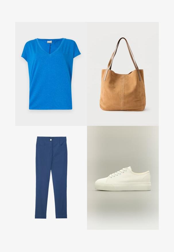 Camiseta azul de cuello en V con mangas cortas, hecha de un tejido suave y texturizado, que presenta un sutil patrón jaspeado y un corte relajado.; Pantalones ajustados azules de mezcla de algodón, con botón en la parte frontal, cremallera, dos bolsillos y una textura limpia y suave.; Zapatilla blanca de lona de perfil bajo con cierre de cordones en la parte delantera y suela gruesa de goma texturizada sobre fondo neutro.; Bolso tote de ante color bronceado con largas asas de cuero marrón claro, textura suave y costuras sencillas sobre un fondo blanco liso.