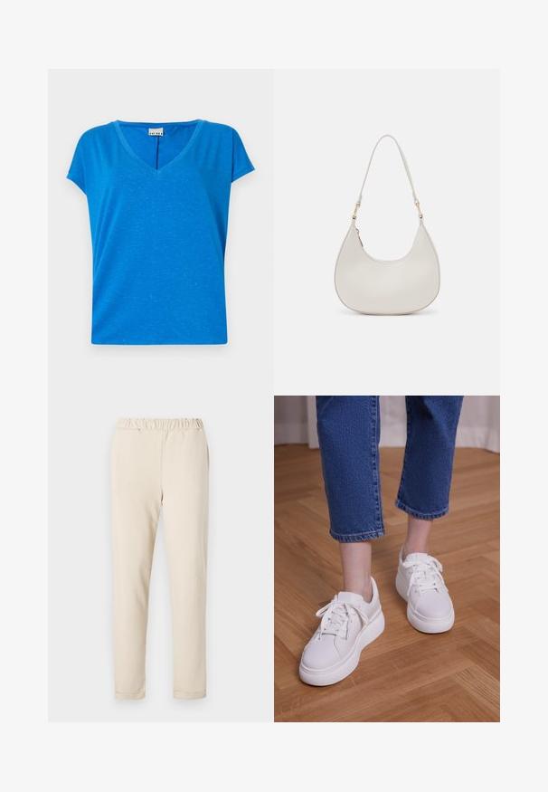Camiseta azul de cuello en V con mangas cortas, hecha de un tejido suave y texturizado, que presenta un sutil patrón jaspeado y un corte relajado.; Pantalones de algodón beige con cintura con frunce, diseño de pierna recta y sin patrones visibles, con una textura suave y dobladillo sencillo.; Piernas con vaqueros azules recortados y zapatillas blancas con cordones y plataforma, de pie sobre un suelo de madera clara.; Bolso de hombro de cuero crema con forma de media luna, correa delgada y sutil detalle de costuras. Diseño minimalista con acentos de hardware en tono dorado.