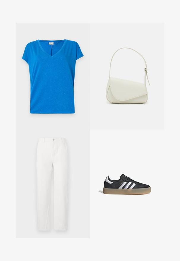 Camiseta azul de cuello en V con mangas cortas, hecha de un tejido suave y texturizado, que presenta un sutil patrón jaspeado y un corte relajado.; Jeans rectos blancos de mezclilla, con cierre de botón, dos bolsillos frontales y costuras limpias. Diseño sencillo sin patrones visibles.; Zapatilla deportiva de cuero negro con tres rayas plateadas, punta texturizada y suela de goma. Cuenta con un collar acolchado y un diseño con cordones.; Bolso de mano de imitación cuero blanco con una forma triangular estructurada, correa ajustable única y cierre con solapa acentuada en curva.