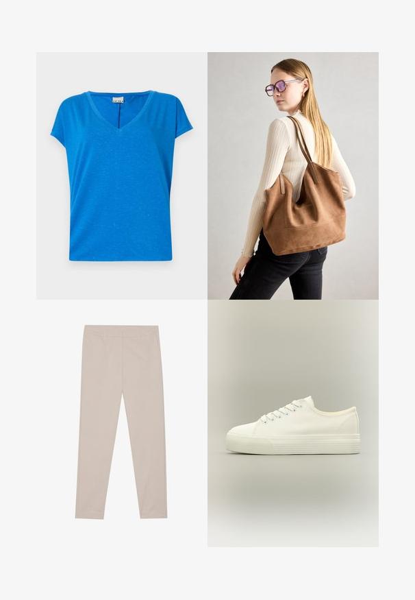 Blauwe V-hals t-shirt met korte mouwen, gemaakt van zachte, gestructureerde stof, met een subtiel gemêleerd patroon en een relaxte pasvorm.; Beige broek van zacht materiaal, met een rechte snit, voorkeurszakken en een schone tailleband zonder versieringen of patronen.; Witte lage canvas sneaker met veters aan de voorkant en dikke, getextureerde rubberen zool op een neutrale achtergrond.; Bruine suède totebag met zachte textuur, grote opening en lange hengsels. Het heeft een eenvoudig ontwerp met zichtbare stiksels en geen hardware.