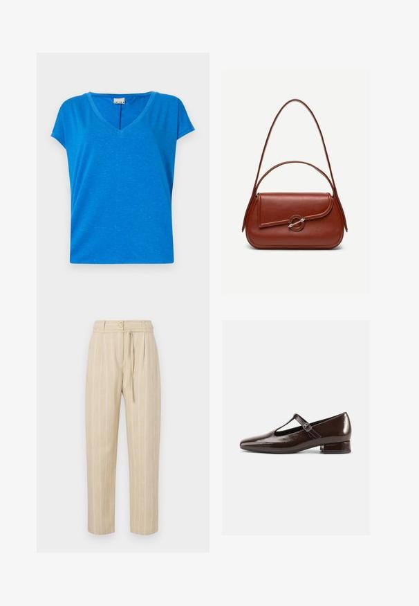 Blaues V-Ausschnitt-T-Shirt mit kurzen Ärmeln, aus weichem, strukturiertem Stoff, mit einem dezenten Melange-Muster und einer lockeren Passform.; Beige gestreifte Hose mit lockerer Passform, mit geschnürtem Bund, Knopfverschluss und Bindegürtel, aus leichtem Stoff gefertigt.; Braune Mary-Jane-Schuhe aus Lackleder mit abgerundetem Zehenbereich, Cut-out-Design und verstellbarem Riemen. Niedriger Blockabsatz.; Braune Leder-Schultertasche mit abgerundeter rechteckiger Form, asymmetrischer Klappe, silbernem runden Verschluss und zwei dünnen Riemen.