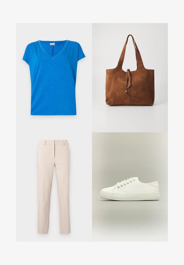Camiseta azul de cuello en V con mangas cortas, hecha de un tejido suave y texturizado, que presenta un sutil patrón jaspeado y un corte relajado.; Pantalones beige a medida de pierna recta con trabillas para cinturón, cremallera frontal y cierre de botón sobre un fondo liso y claro.; Zapatilla blanca baja con cordones blancos y suela de goma mostrada desde vista lateral sobre un fondo neutro.; Bolso tote de ante marrón con dos asas largas, cierre de cordón y textura suave. Presenta un diseño sencillo y acentos mínimos.