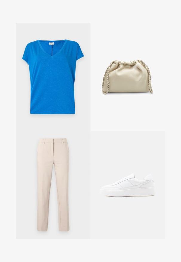 Blaues V-Ausschnitt-T-Shirt mit kurzen Ärmeln, aus weichem, strukturiertem Stoff, mit einem dezenten Melange-Muster und einer lockeren Passform.; Beige taillierte Hose mit geradem Bein, Gürtelschlaufen, Frontreißverschluss und Knopfverschluss vor schlichtem hellem Hintergrund.; Weißer Low-Top-Sneaker mit dicker Sohle, Schnürdesign und dezenten Nahtdetails auf hellem, einfachem Hintergrund.; Beige Lederhandtasche mit gerafftem Oberteil, silberner Kettenriemen und glatter Textur. Verfügt über eine abgerundete Form und minimalistisches Design.