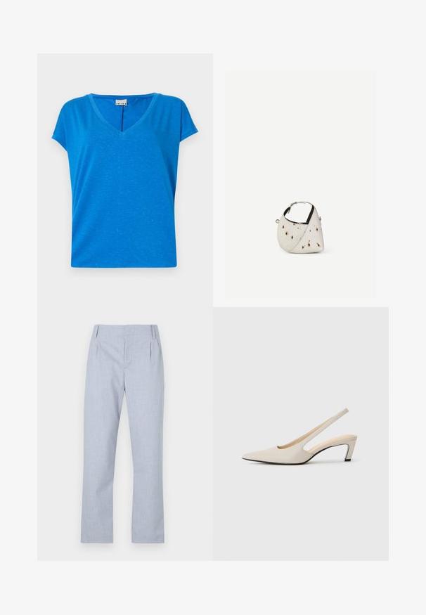 Blauwe V-hals t-shirt met korte mouwen, gemaakt van zachte, gestructureerde stof, met een subtiel gemêleerd patroon en een relaxte pasvorm.; Lichtblauwe op maat gemaakte broek met een gladde stof, recht design en twee voorkezen. Heeft subtiele plooien bij de taille.; Beige slingback pumps met een spitse neus, open zijkanten en een kleine blokhak. Gladde lederen textuur en minimalistisch ontwerp.; Kleine witte handtas met bruine vlekken, afgeronde driehoekige vorm, zwarte binnenvoering en korte verstelbare band met zilveren gesp.
