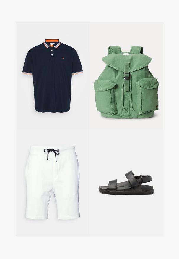 Marineblaues Poloshirt aus Baumwolle mit Kragen, der orange- und graublaue Streifen aufweist, einer Knopfleiste mit drei Knöpfen und einem kleinen bestickten Logo auf der Brust.; Weiße Sweatshorts aus Baumwolle, mit einem schwarzen Kordelzug am elastischen Bund und Seitentaschen. Glatte Textur und mittellange Beinform.; Schwarze Ledersandalen mit zwei breiten Riemen über dem Fuß, verstellbarem Fersenriemen und einer strukturierten Gummisohle für besseren Halt.; Grüner Canvas-Rucksack mit Klappdeckel, zentraler Schnalle, Kordelzugverschluss und zwei vorderen Taschen mit Knopfklappen, dargestellt vor weißem Hintergrund.