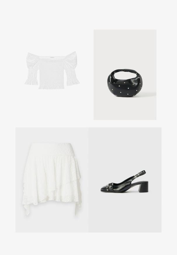 Witte off-shoulder top met pofmouwen, smock-inzetten en uitlopende jurkzoom. Gemaakt van gestructureerde katoen met oogjesdetails.; Witte kanten gelaagde rok met brede tailleband en asymmetrische zoom met puntige randen.; Zwart leren slingback hak met een spitse neus, eenTextuur strap met cirkelvormige metalen accenten en een gestapelde blokhak.; Zwarte leren handtas met een afgeronde vorm, versierd met zilveren studs, en een korte handgreep. Gladde textuur en ritsluiting.
