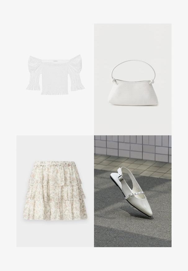 Top blanco sin hombros con mangas abullonadas, corsé fruncido y dobladillo con volantes acampanados. Hecho de algodón texturizado con detalles de ojales.; Falda blanca con un diseño de capas y volantes. Presenta un delicado patrón floral en rosa y verde. Cintura elástica para mayor comodidad.; Zapato plano blanco con punta puntiaguda y diseño slingback con dos hebillas plateadas, mostrado al aire libre sobre un suelo texturizado y fondo de pared con azulejos.; Bolso de mano de cuero blanco tejido con asa redondeada y extremos de la correa anudados, exhibido sobre un fondo liso.