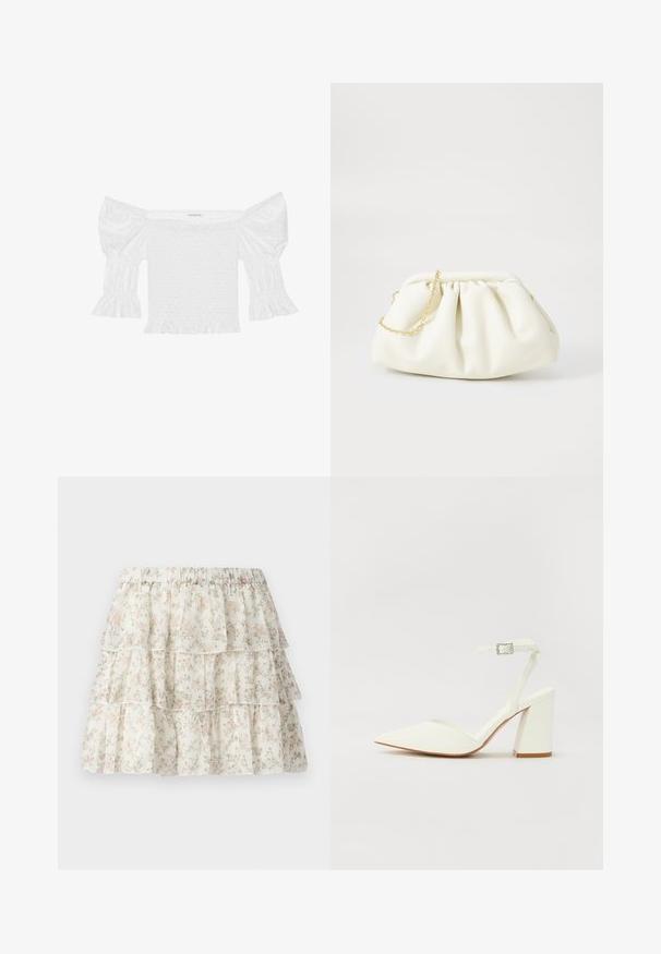 Top blanco sin hombros con mangas abullonadas, corsé fruncido y dobladillo con volantes acampanados. Hecho de algodón texturizado con detalles de ojales.; Falda blanca con un diseño de capas y volantes. Presenta un delicado patrón floral en rosa y verde. Cintura elástica para mayor comodidad.; Sandalia blanca de tacón con puntera afilada, correa ajustable en el tobillo y un tacón cuadrado grueso. Textura lisa con detalles de costura mínimos.; Bolso de mano de cuero blanco con un diseño recogido, cuenta con una cadena dorada y forma redondeada. Textura suave con pliegues suaves y sin patrones.
