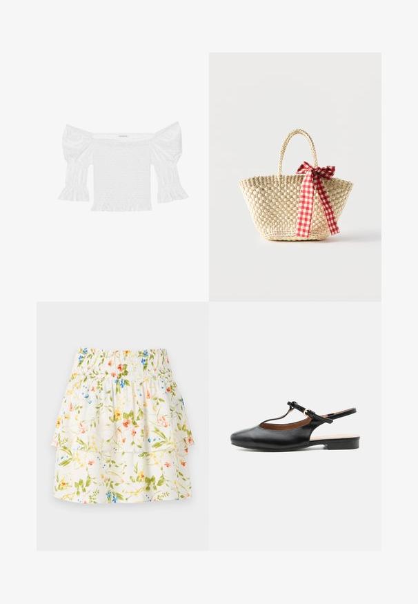 Top blanco sin hombros con mangas abullonadas, corsé fruncido y dobladillo con volantes acampanados. Hecho de algodón texturizado con detalles de ojales.; Falda de estampado floral con cintura fruncida, capas con volantes y fondo blanco que presenta flores en verde, rojo y azul.; Zapato plano slingback de cuero negro con T-correa y hebilla dorada sobre fondo neutro.; Bolso tote de paja tejido con asas trenzadas y un lazo de cinta a cuadros rojos y blancos atado a un lado.