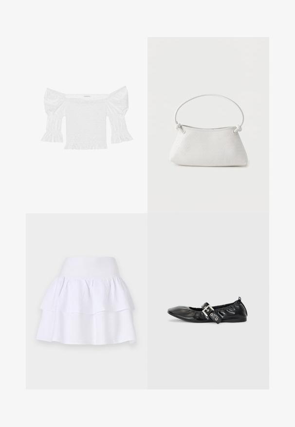 Top blanco sin hombros con mangas abullonadas, corsé fruncido y dobladillo con volantes acampanados. Hecho de algodón texturizado con detalles de ojales.; Falda blanca de volantes hecha de un tejido ligero, con un diseño ligero que cuenta con una cinturilla elástica y dos capas con volantes.; Zapato plano de piel negra con puntera afilada, detalle fruncido alrededor de la abertura y un acento de hebilla plateada en la correa ajustable.; Bolso de mano de cuero blanco tejido con asa redondeada y extremos de la correa anudados, exhibido sobre un fondo liso.