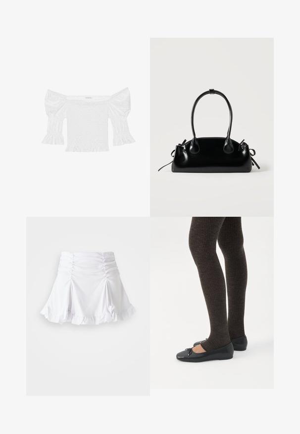 Top blanco sin hombros con mangas abullonadas, corsé fruncido y dobladillo con volantes acampanados. Hecho de algodón texturizado con detalles de ojales.; Falda blanca de tela texturizada con detalles fruncidos y dobladillo con volantes. Presenta un diseño acampanado con una cintura ajustada.; Piernas con leggings oscuros acanalados combinados con bailarinas negras que presentan pequeños detalles de lazo sobre un fondo blanco.; Pequeño bolso negro brillante con dos asas largas y detalles de cordón lateral sobre un fondo claro liso.