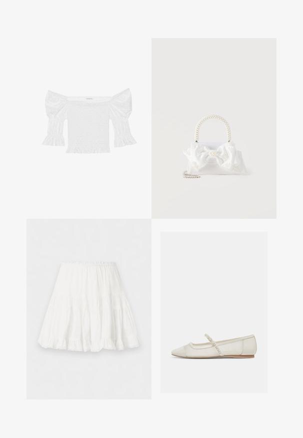 Top blanco sin hombros con mangas abullonadas, corsé fruncido y dobladillo con volantes acampanados. Hecho de algodón texturizado con detalles de ojales.; Falda blanca de capas con cinturilla elástica y borde con volantes, confeccionada en tela ligera.; Zapato plano de punta puntiaguda en color blanco hueso con correa adornada con perlas y tacón bajo de madera, vista lateral sobre un fondo claro.; Bolso blanco con asa cubierta de perlas, gran lazo de tela adornado con pequeñas perlas y una correa de cadena plateada sobre un fondo blanco.