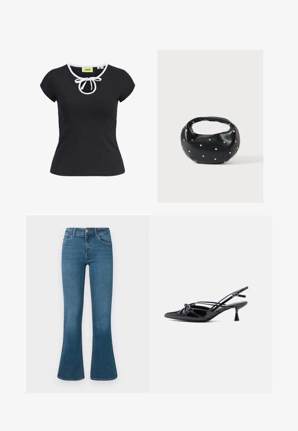 Schwarzes Kurzarm-T-Shirt aus weichem Stoff mit Rundhalsausschnitt, weißen Akzenten und einer zentralen Schleifenapplikation am Hals. Größe S.; Blaue Jeans im Schlagstil aus Denim mit einer mittelhohen Taille, Fünf-Taschen-Design und subtilen Stickdetails. Glatte Textur mit klassischer Waschung.; Schwarzer Slingback-Pumps aus Lackleder mit spitzer Zehenpartie, niedrigem Kitten-Heel und dekorativer, geknoteter Schleife vorne.; Schwarze Lederhandtasche mit abgerundeter Form, verziert mit silbernen Nietenakzenten und kurzem Griff. Glatte Struktur und Reißverschlussverschluss.
