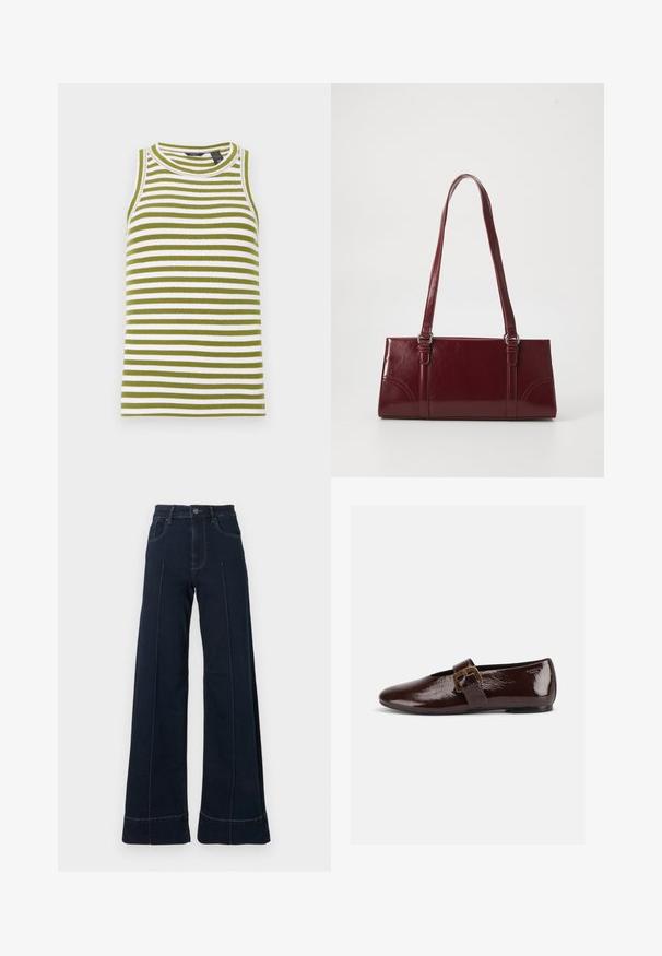 Haut sans manches rayé vert et blanc, avec une texture côtelée, un col rond et une coupe ajustée.; Jean large bleu foncé à taille haute, avec des poches avant et des coutures visibles. Fabriqué en denim avec une texture lisse.; Chaussure plate en cuir verni marron foncé avec une large bride à boucle dorée et un bout arrondi, présentée de profil sur fond blanc.; Sac à main bordeaux en matériau brillant, de forme rectangulaire, avec deux anses et des accents légèrement courbés à l'avant.