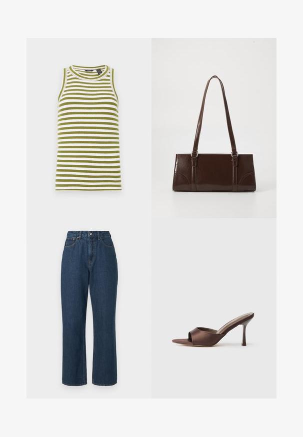 Haut sans manches rayé vert et blanc, avec une texture côtelée, un col rond et une coupe ajustée.; Jeans en denim bleu avec une taille haute, un design à jambes larges, des coutures visibles et une fermeture à un seul bouton à l'avant. Tissu texturé avec une finition lisse.; Mule en satin marron à bout ouvert avec un talon fin de hauteur moyenne et une conception à enfiler sur fond blanc uni.; Sac à main en cuir verni marron de forme rectangulaire, avec deux longues poignées et des accents courbés subtils à l'avant.