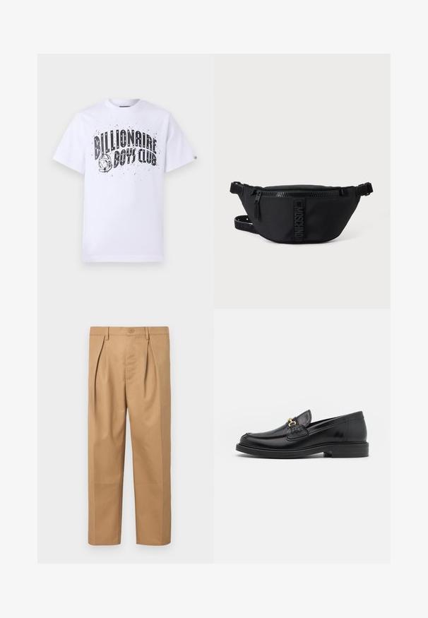 Billionaire Boys Club ARCH LOGO - Tričko s potlačou - white; Béžové bavlnené nohavice s voľným strihom, skladaným dizajnom, pásom na gombík a rovnými nohavicami. Hladký povrch bez vzorov.; Čierne kožené loafers so zaoblenou špičkou, s pozlátenými kovovými prvkami a detailným šitím, uložené na nízkej, textúrovanej gumenej podrážke.; Čierna ľadvinka Moschino s predným zipsom a nastaviteľným remienkom na jednoduchom svetlom pozadí.