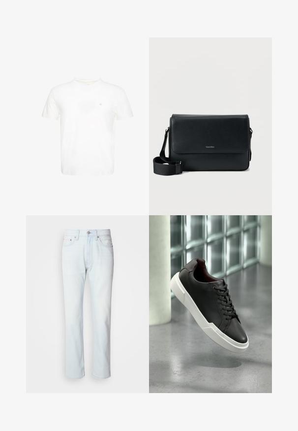 T-shirt blanc à manches courtes et col rond avec un petit logo "ck" brodé sur la poitrine gauche.; Jean en denim bleu clair avec une coupe droite. Présente une fermeture à bouton et des passants de ceinture, mettant en valeur une texture décolorée et des coutures minimalistes.; Baskets en cuir noir avec une semelle blanche épaisse, lacets noirs, flottant au-dessus d'un sol en béton gris près d'un mur en blocs de verre.; Sac messager en cuir noir à surface texturée, avec une bandoulière ajustable et un rabat avant affichant un logo discret. Forme compacte et rectangulaire.