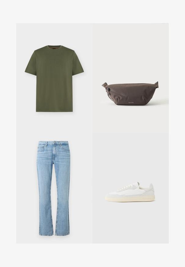 T-shirt vert olive à manches courtes et col rond avec un logo discret "BOSS" centré sur la poitrine, design uni sur fond gris clair.; Jean en denim bleu clair à taille haute, fermeture par bouton et fermeture éclair, poches avant et arrière, jambes légèrement évasées.; Baskets blanches avec dessus en daim et cuir texturé. Caractérisées par un bout arrondi, une fermeture à lacets et une semelle en caoutchouc beige contrastante.; Sac banane en tissu marron foncé avec poche zippée en diagonale et petit logo blanc sur le devant, sur un fond clair uni.