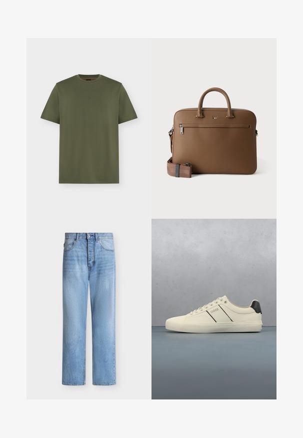 T-shirt vert olive à manches courtes et col rond avec un logo discret "BOSS" centré sur la poitrine, design uni sur fond gris clair.; Jean droit en denim bleu clair avec fermeture par bouton et zip, poches avant et arrière, et passants de ceinture à la taille.; Baskets de couleur crème avec une texture lisse, dotées d'accents et de marquage noirs. Design classique à lacets avec un bout rond et une semelle en caoutchouc.; Mallette en cuir marron avec poignées supérieures, poche avant zippée et bandoulière assortie amovible sur fond blanc.
