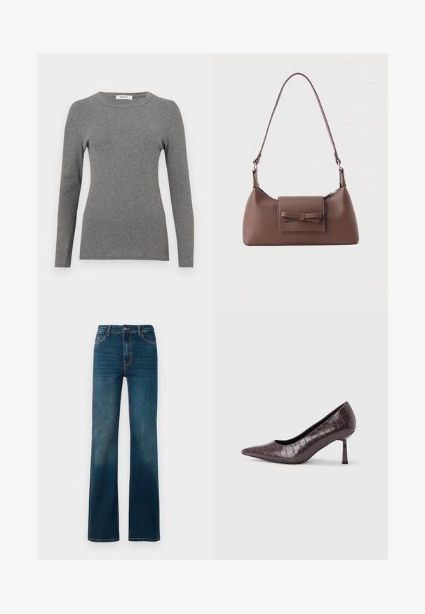 Blusa de manga larga gris hecha de un suave material acanalado. Presenta un escote redondeado y un diseño ajustado, con mínimos acentos o patrones.; Jeans de color azul oscuro, de cintura alta y corte recto. Hechos de denim, con costuras en contraste y un diseño clásico de cinco bolsillos.; Tacones puntiagudos de cuero sintético marrón con textura de cocodrilo, con un tacón delgado y angular y un forro interior suave.; Bolso bandolera de cuero marrón con un bolsillo frontal de solapa que presenta un detalle de moño cosido y una correa ajustable.