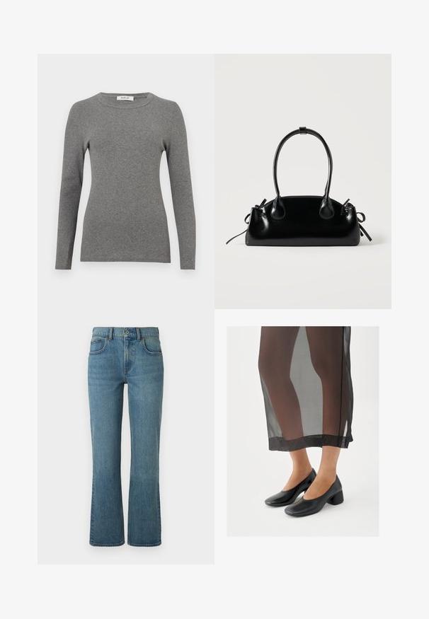 Blusa de manga larga gris hecha de un suave material acanalado. Presenta un escote redondeado y un diseño ajustado, con mínimos acentos o patrones.; Jeans de mezclilla de campana en azul claro, con cinco bolsillos, cierre frontal con botón y un ligero desgastado para dar textura.; Zapatos negros de tacón ancho con acabado de cuero liso, combinados con una falda negra translúcida que tiene un dobladillo limpio y un diseño minimalista.; Pequeño bolso negro brillante con dos asas largas y detalles de cordón lateral sobre un fondo claro liso.
