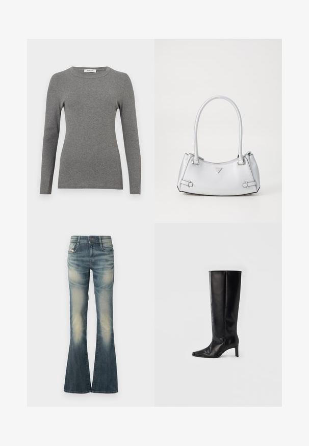 Blusa de manga larga gris hecha de un suave material acanalado. Presenta un escote redondeado y un diseño ajustado, con mínimos acentos o patrones.; Vaqueros de corte acampanado en azul desvaído con un ligero efecto desgastado. Presentan cierre frontal de botones, cinco bolsillos y una cintura de talle medio.; Botas negras hasta la rodilla hechas de cuero suave, con punta puntiaguda y tacón delgado, con caña ajustada y diseño minimalista.; Bolso de mano plateado con un diseño estructurado, que cuenta con dos asas, textura brillante, herrajes de acento y un logo triangular en la parte frontal.