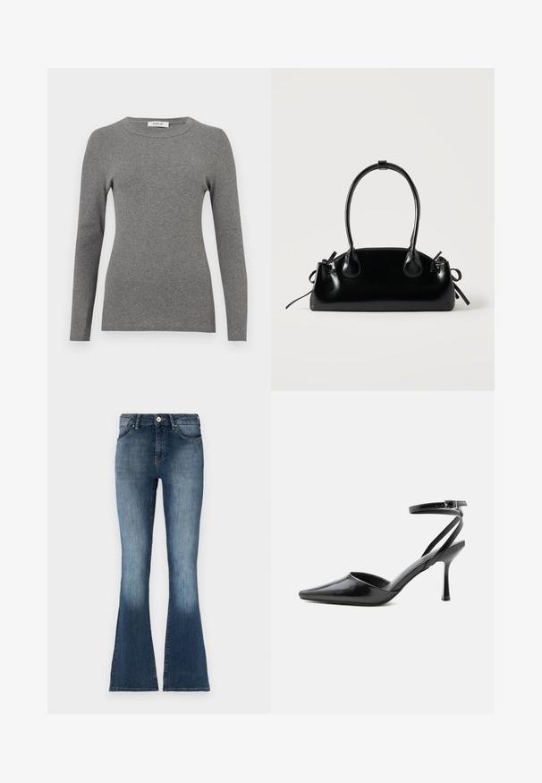 Blusa de manga larga gris hecha de un suave material acanalado. Presenta un escote redondeado y un diseño ajustado, con mínimos acentos o patrones.; Jeans de mezclilla azul acampanados con una cintura a media altura, acabado desgastado y diseño tradicional de cinco bolsillos. Textura suave y detalles de costura sutiles.; Zapato de tacón alto negro de punta fina con delgadas correas en el tobillo y cierre de hebilla plateada sobre un fondo liso claro.; Pequeño bolso negro brillante con dos asas largas y detalles de cordón lateral sobre un fondo claro liso.