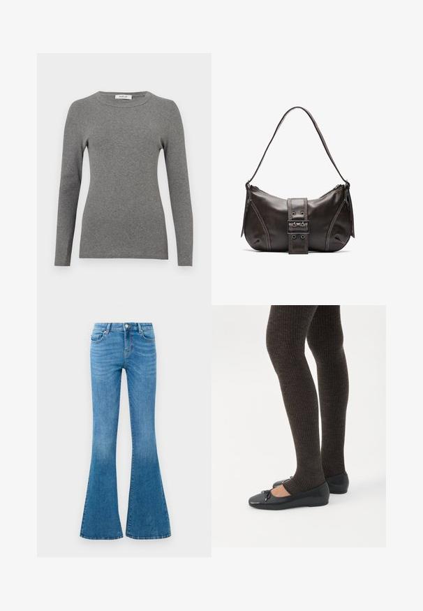 Blusa de manga larga gris hecha de un suave material acanalado. Presenta un escote redondeado y un diseño ajustado, con mínimos acentos o patrones.; Jeans de mezclilla azul acampanados con una cintura de media altura, que cuentan con cinco bolsillos, un cierre de botón estándar y un ligero desgastado para dar textura.; Piernas con leggings oscuros acanalados combinados con bailarinas negras que presentan pequeños detalles de lazo sobre un fondo blanco.; Bolso de hombro de cuero marrón con forma curva, que presenta un prominente detalle de hebilla, costuras en contraste y una sola correa para el hombro.