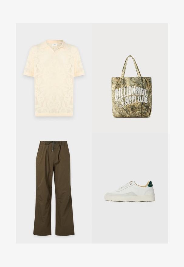 Polo tricoté à manches courtes couleur crème avec motif floral en maille et col pointu, présenté sur un fond uni.; Pantalon décontracté vert olive avec taille élastique et cordon de serrage à l'avant, coupe droite et coupe décontractée.; Baskets blanches avec des accents en daim, bout arrondi, lacets plats et semelle en caoutchouc crème. Présente une marque verte sur le talon.; Sac fourre-tout à motif camouflage en tissu texturé avec deux poignées. Présente un logo blanc bien visible sur un côté.