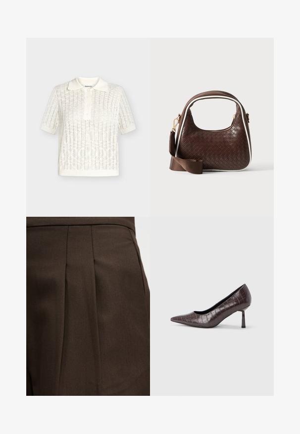 Polo en maille blanche à manches courtes avec motif en dentelle, poignets et bas côtelés, et col avec patte de boutonnage.; Vêtement brun foncé sur mesure avec un détail de plis verticaux sur une surface de tissu lisse.; Escarpins à bout pointu en similicuir marron avec une texture crocodile, dotés d’un talon fin et angulaire ainsi que d’une doublure intérieure lisse.; Sac à main en cuir tressé marron avec passepoil blanc, fermeture éclair dorée et bandoulière amovible en tissu marron.