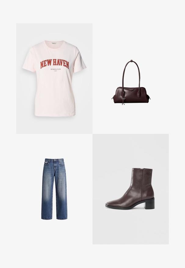 T-shirt en coton rose clair avec "NEW HAVEN" en lettres rouges en gras, et "SPORTS CLUB" en dessous. Manches courtes et col rond.; Jean en denim bleu à jambes larges avec un lavage délavé, fermeture par bouton et zip, et poches avant et arrière.; Bottine en cuir marron foncé avec un orteil carré, un talon bloc et un logo embossé subtil près du haut sur fond blanc uni.; Sac à main en cuir brun foncé Calvin Klein avec de longues poignées doubles et un petit porte-clé logo suspendu à une poignée.