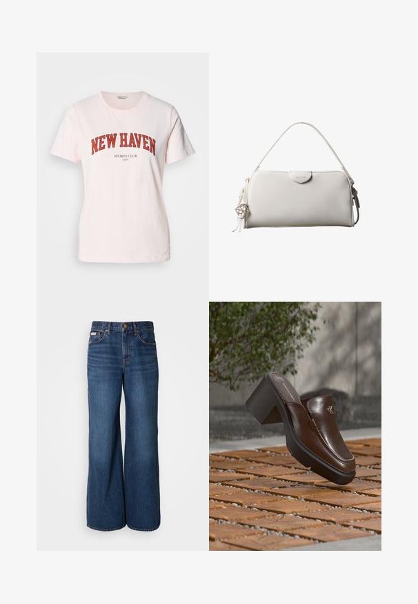 T-shirt en coton rose clair avec "NEW HAVEN" en lettres rouges en gras, et "SPORTS CLUB" en dessous. Manches courtes et col rond.; Jean large en denim bleu foncé. Les caractéristiques incluent une taille haute, cinq poches et des coutures contrastantes orange le long des coutures.; Mule à talon en cuir marron Calvin Klein flottant au-dessus d'un sol en carrelage en bois avec en arrière-plan une plante verte et un mur flous.; Sac à main rectangulaire blanc Calvin Klein avec une seule poignée, design minimaliste et pampilles décoratives avec un charm métallique géométrique sur le côté.