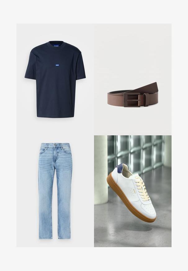 T-shirt en coton bleu marine avec un col rond, manches courtes et un petit logo bleu sur la poitrine. Texture lisse, coupe décontractée.; Jean denim bleu clair droit avec poches avant, passants pour ceinture, bouton et fermeture éclair.; Baskets blanches Hugo avec lacets beiges, semelle marron et détail bleu marine au talon, flottant au-dessus d'un sol en béton poli près de blocs de verre.; Ceinture en cuir marron avec une boucle rectangulaire en métal foncé mat, partiellement enroulée sur un fond blanc uni.