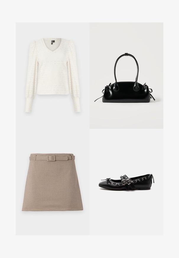Witte gebreide top met een V-hals, lange pofmouwen en een diamanten patroon. Geribbelde mouwen aan het einde van de mouwen. Zacht, lichtgewicht stof.; Bruin en beige houndstooth-patroon shorts met een tailleriem en strakke lijnen, een gestructureerde pasvorm en een gladde stoftextuur.; Zwarte platte balletschoen met dubbele gespsluitingen, zilveren oogjes en een klein strikje nabij de afgeronde neus op een witte achtergrond.; Kleine zwarte glanzende handtas met twee lange hengsels en zijkant trekkoord details op een effen lichte achtergrond.