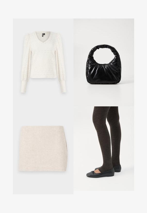 Witte gebreide top met een V-hals, lange pofmouwen en een diamanten patroon. Geribbelde mouwen aan het einde van de mouwen. Zacht, lichtgewicht stof.; Beige linnen rok met een minimaal ontwerp, voorzien van een gladde textuur en subtiele structuur. Het heeft een rechte, eenvoudige snit zonder zichtbare sluitingen.; Benen met donkere geribbelde leggings gecombineerd met zwarte ballerina's met kleine strikdetails op een witte achtergrond.; Zwarte gevoerde handtas met een ronde handgreep, met een gladde, glanzende oppervlakte en een zachte, gewatteerde textuur. Geen zichtbare metalen onderdelen of accenten.
