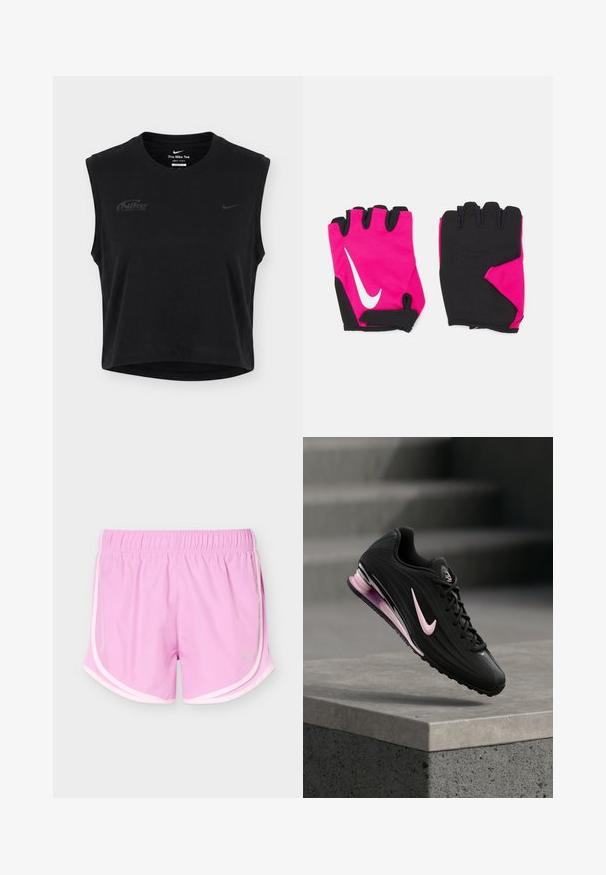 Haut d’entraînement Nike Dri-FIT noir, court et sans manches, avec col rond et logos Nike discrets sur la poitrine et le col.; Shorts de sport roses avec taille élastique et bordure blanche, avec des panneaux latéraux en maille légère et un petit logo réfléchissant à l'avant.; Chaussure de course athlétique noire et rose avec semelle à air visible, flottant au-dessus d'un rebord en béton sur un fond flou d'escaliers gris.; Gants courts roses avec des accents noirs, arborant un logo Nike blanc, des paumes rembourrées et un design sans doigts pour une meilleure adhérence et flexibilité.