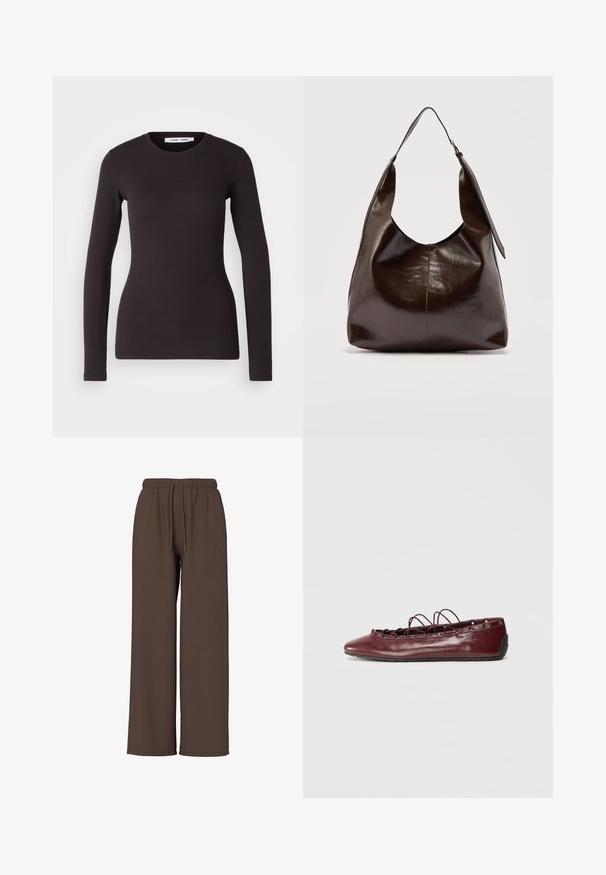 Haut noir à manches longues en tissu doux et extensible. Il présente un col rond et une coupe ajustée avec une texture lisse et sans motifs visibles.; Pantalon large marron avec taille élastique et cordon, présenté sur un fond blanc uni. Aucun logo ou motif visible.; Femme ballerine en cuir bordeaux avec un bout pointu, des détails en dentelle sur le devant et des œillets en argent. Semelle souple pour plus de flexibilité et de confort.; Sac à bandoulière en cuir marron foncé brillant avec une seule large sangle et un détail de boucle sur un côté, posé sur un fond clair uni.