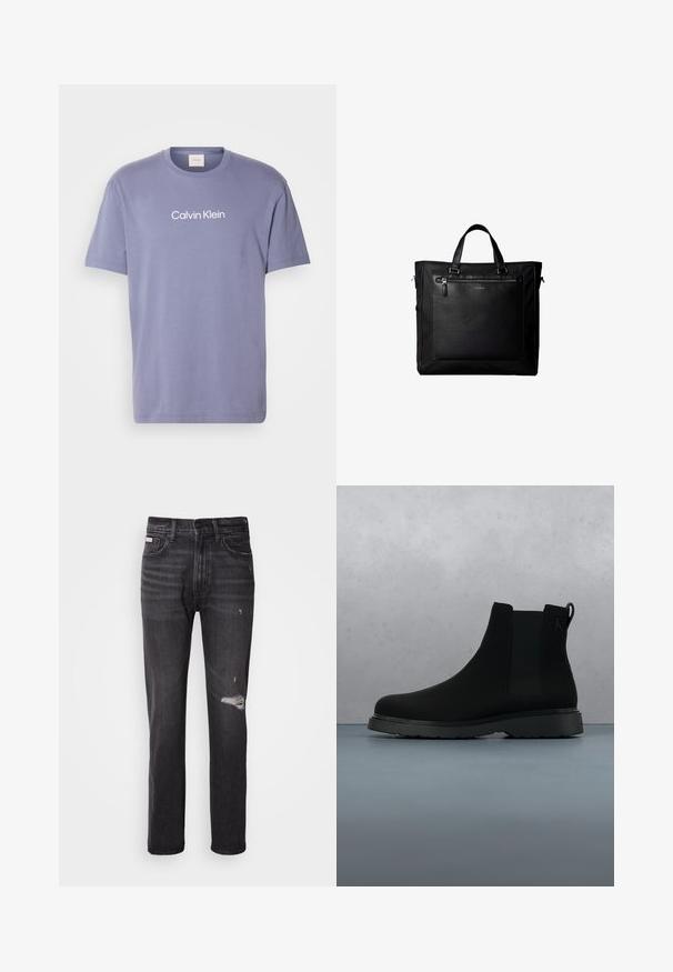Paarse katoenen t-shirt met korte mouwen en een ronde hals; versierd met "Calvin Klein" in witte letters over de borst.; Zwarte denim jeans met een rechte pijp, verwerkte details bij de knie, vijf-pocket styling en een subtiele vervaagde afwerking.; Zwarte enkelboot van soepel materiaal met subtiele stiksels, een rubberen zool en een slank ontwerp, gepositioneerd boven een houten textuur.; Zwarte tote bag met dubbele handvatten, grote voorste leren zak met ritssluiting en subtiel Calvin Klein-logo in het midden van de zak.