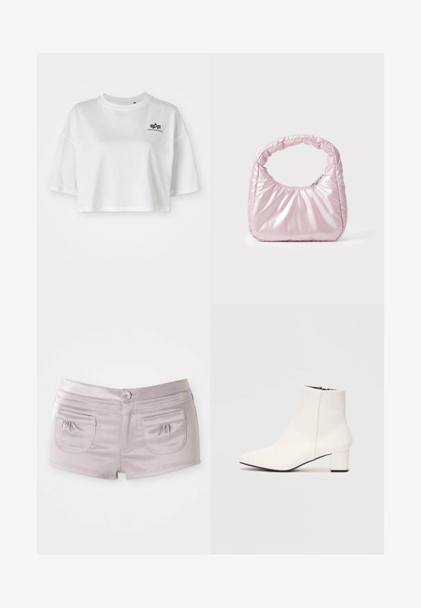 T-shirt blanc court en coton, avec un col rond, des manches courtes et un accent de logo noir sur la poitrine gauche.; Shorts violet clair en tissu lisse et brillant, avec deux poches à l'arrière et une fermeture à bouton à l'avant avec une taille plate.; Bottine blanche à talon bloc, fermeture éclair latérale, bout pointu et finition en cuir lisse, présentée sur un fond gris clair.; Sac à main rose rembourré avec un design arrondi, fabriqué à partir d'un matériau brillant. Dispose d'une poignée froncée et d'une fermeture éclair pour un accès sécurisé.
