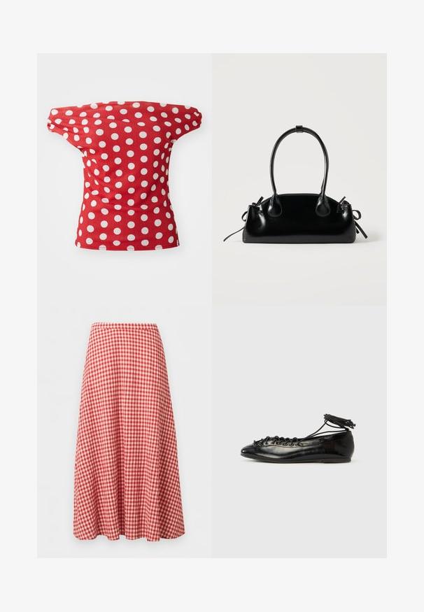 Rød kortærmet top med off-the-shoulder design, der har hvide prikkede mønstre. Fremstillet af glat stof med en tætsiddende facon.; Rødt og hvidt ternet A-formet midi-nederdel med høj talje og flydende stof på ensfarvet baggrund.; Sorte balletflade sko i laklæder med rundet tå, snørelukning og flad sål. Glat tekstur med få detaljer.; Lille sort blank håndtaske med to lange håndtag og snøre-detaljer i siden på en ensfarvet lys baggrund.