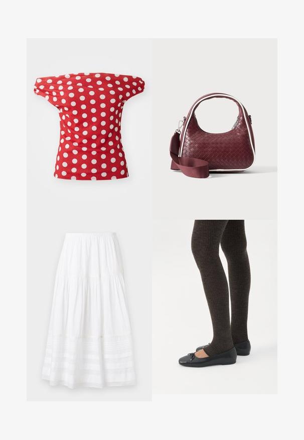 Rød kortærmet top med off-the-shoulder design, der har hvide prikkede mønstre. Fremstillet af glat stof med en tætsiddende facon.; Hvid midi-nederdel med lag og elastisk talje samt horisontale gennemsigtige paneler nær underkanten på en ensfarvet baggrund.; Ben iført mørke ribbede leggings kombineret med sorte balletsko med små sløjfedetaljer på hvid baggrund.; Mørkerød vævet lædertaske med buet hank, hvid kant, sølv lynlås og aftagelig bred stofskulderrem mod en ensfarvet baggrund.