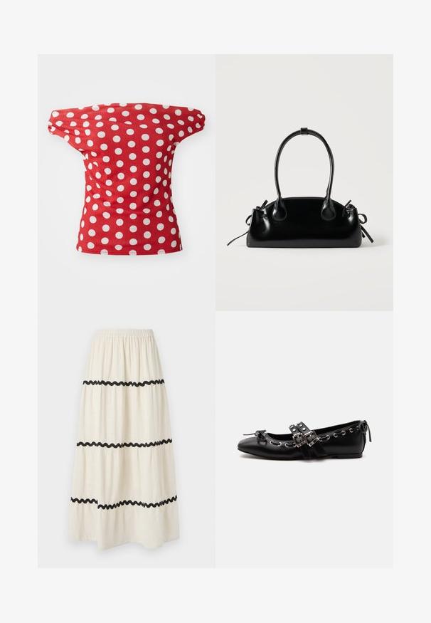 Rød kortærmet top med off-the-shoulder design, der har hvide prikkede mønstre. Fremstillet af glat stof med en tætsiddende facon.; Lagdelte ankel-lange nederdele i cremefarvet stof med sort bølgende kant. Har elastisk talje for komfort og let, svævende fald.; Sort flad balletsko med dobbelt spænde, sølvøjer og en lille sløjfe nær den runde tå på en hvid baggrund.; Lille sort blank håndtaske med to lange håndtag og snøre-detaljer i siden på en ensfarvet lys baggrund.