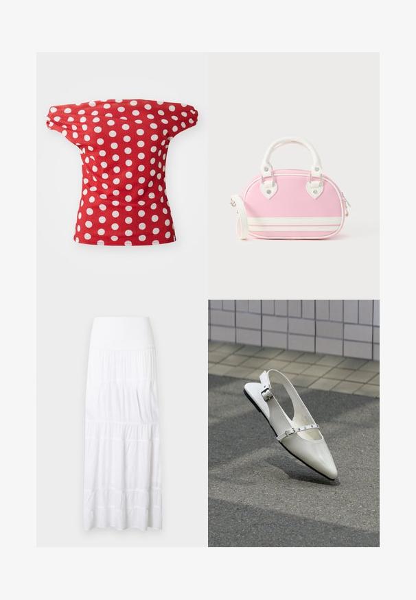 Rød kortærmet top med off-the-shoulder design, der har hvide prikkede mønstre. Fremstillet af glat stof med en tætsiddende facon.; Hvid, lagdelt maxinederdel lavet af letvægtsstof. Har elastisk taljebånd og subtil tekstur med vandrette sømme.; Hvid spids slingback flad sko med to sølvspænder, vist udendørs på tekstureret underlag og flisebelagt væg baggrund.; Lyserød håndtaske med hvide accenter, rund form, top-hanke, aftagelig skulderrem og hjerteformede hardware-detaljer. Lynlås lukning.