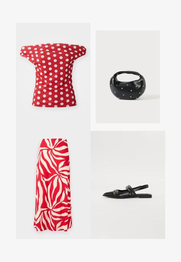 Rød kortærmet top med off-the-shoulder design, der har hvide prikkede mønstre. Fremstillet af glat stof med en tætsiddende facon.; Rødt og hvidt maxiskørt med stort abstrakt bladmotiv, A-formet silhuet og en glat taljebånd.; Even&Odd Slingback-ballerinasko - black; Sort læderhåndtaske med en rundet form, dekoreret med sølvnitter, og et kort håndtag. Glat tekstur og lynlåslukning.