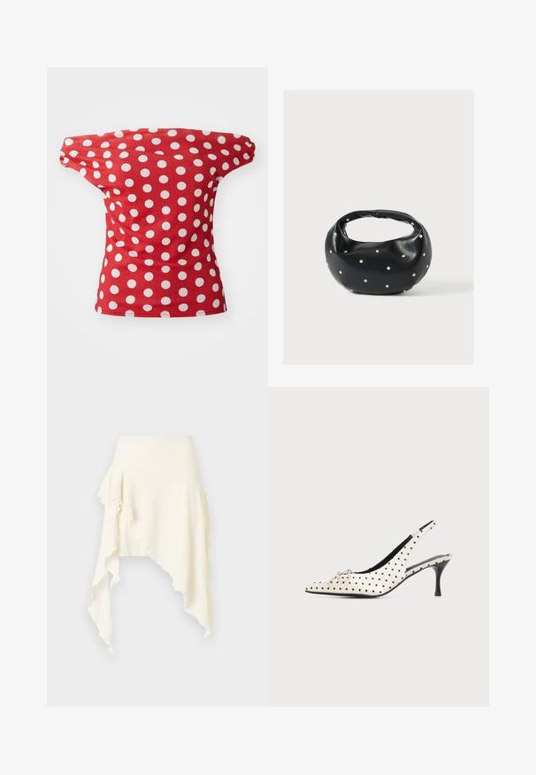 Rød kortærmet top med off-the-shoulder design, der har hvide prikkede mønstre. Fremstillet af glat stof med en tætsiddende facon.; Asymmetrisk elfenbenshvid nederdel med tekstureret stof og flæser, ujævnt skørt, der hænger længere på siderne.; Hvid læderslingback højhælet sko med sorte polkaprikker og en lille dekorativ sløjfe på den spidse tå mod en ensfarvet baggrund.; Sort læderhåndtaske med en rundet form, dekoreret med sølvnitter, og et kort håndtag. Glat tekstur og lynlåslukning.