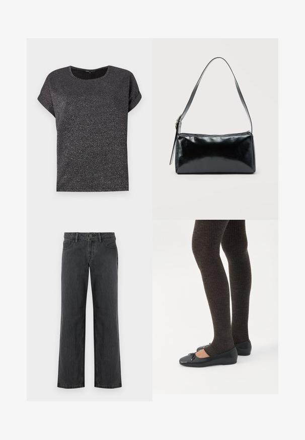 T-shirt noir à manches courtes avec un col rond, doté d'un tissu texturé avec une subtile brillance. Coupe décontractée avec des manches retroussées.; Jeans gris foncé à jambes larges en denim, avec une ceinture standard, cinq poches et une fermeture à bouton. Texture lisse et coutures uniformes.; Jambes portant des leggings côtelés foncés associés à des ballerines noires avec de petits détails en nœud sur fond blanc.; Sac d'épaule rectangulaire noir avec une sangle réglable unique et une fermeture éclair supérieure sur un fond uni.
