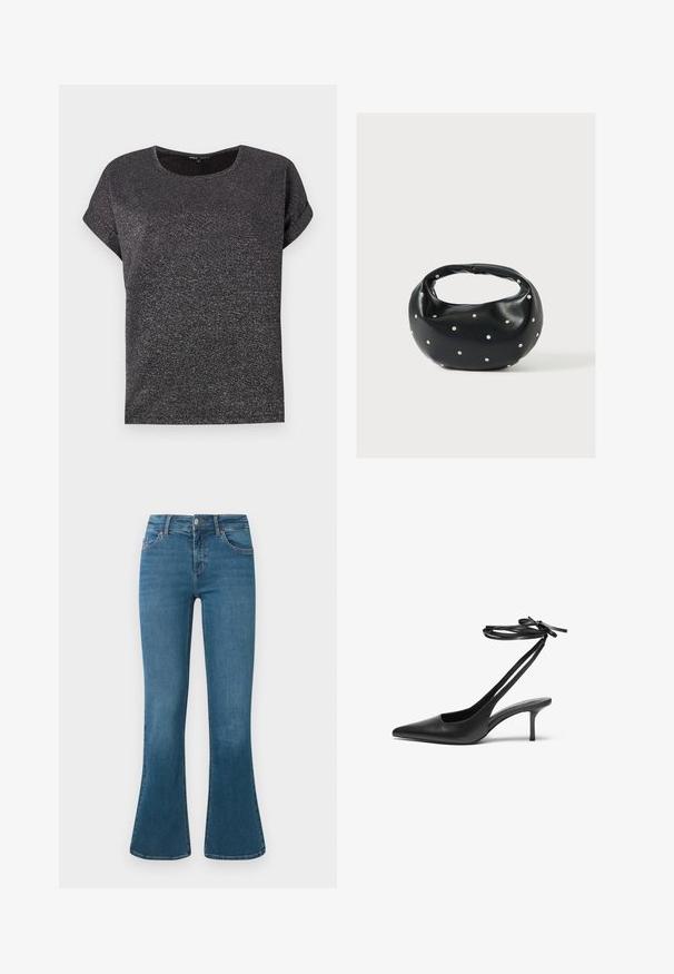 T-shirt noir à manches courtes avec un col rond, doté d'un tissu texturé avec une subtile brillance. Coupe décontractée avec des manches retroussées.; Jean en denim bleu évasé avec une taille mi-haute, design à cinq poches et un subtil détail de couture. Texture lisse avec un lavage classique.; Escarpin noir en cuir avec un bout pointu, un dos ouvert et des brides à la cheville nouées en nœud. Talon fin de 3 pouces. Texture lisse, design minimaliste.; Sac à main en cuir noir de forme arrondie, décoré de clous argentés et équipé d'une poignée courte. Texture lisse et fermeture éclair.