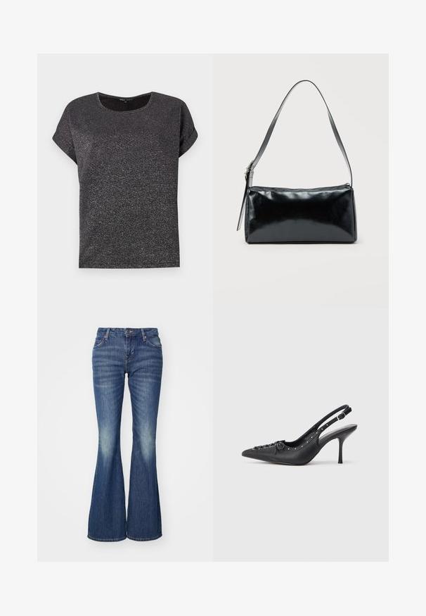 T-shirt noir à manches courtes avec un col rond, doté d'un tissu texturé avec une subtile brillance. Coupe décontractée avec des manches retroussées.; Jean bleu évasé en denim avec un effet délavé, présentant des poches classiques et une fermeture à un bouton.; Escarpin en cuir noir à talon aiguille avec un bout pointu, une bride latérale à boucle, des clous le long du bord et un laçage décoratif à l'avant.; Sac d'épaule rectangulaire noir avec une sangle réglable unique et une fermeture éclair supérieure sur un fond uni.